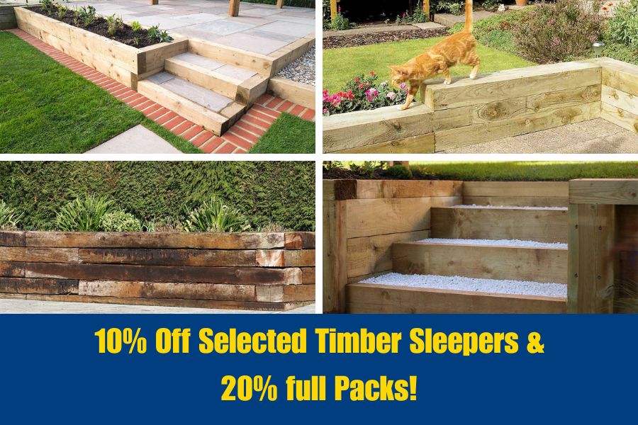 Images of different types of timber garden sleepers and landscaping projects using wooden sleepers